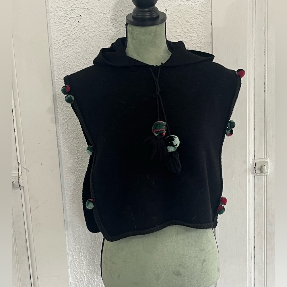 Black Hooded Poncho with Pom Poms